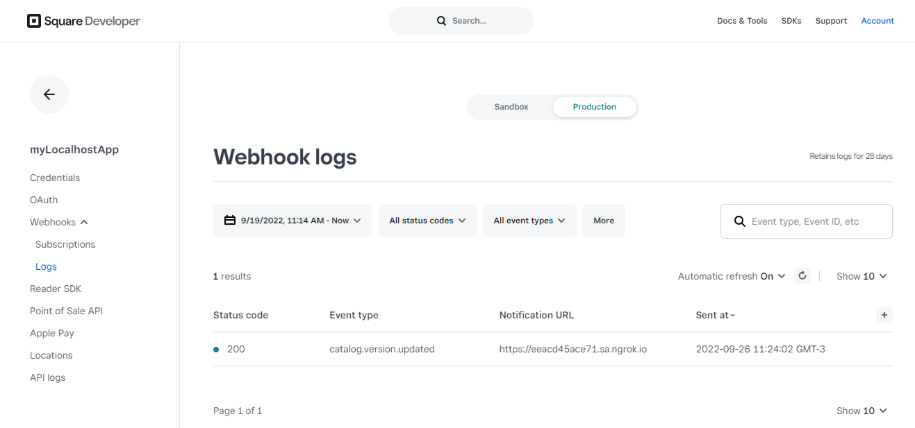 Square Webhook logs